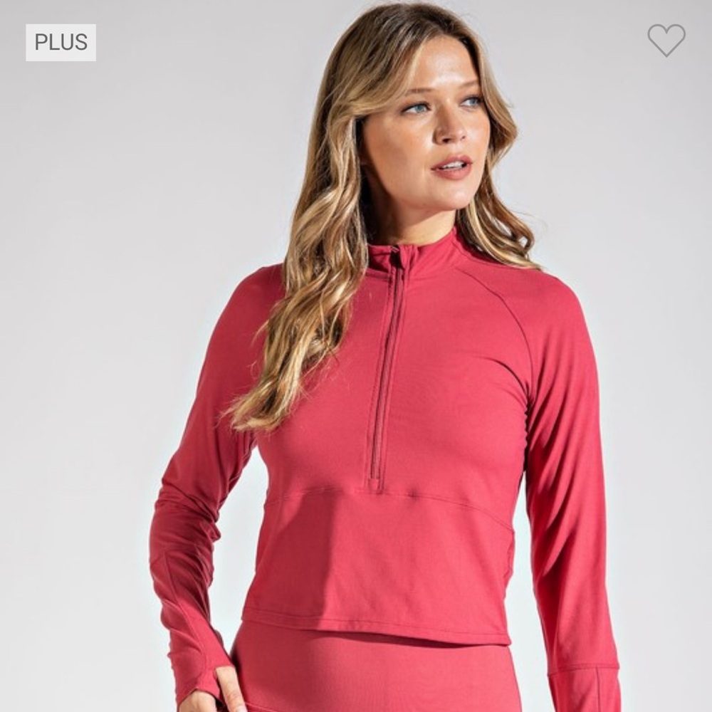 Plus Size Rose Red Half-Zip Long Sleeve Top
